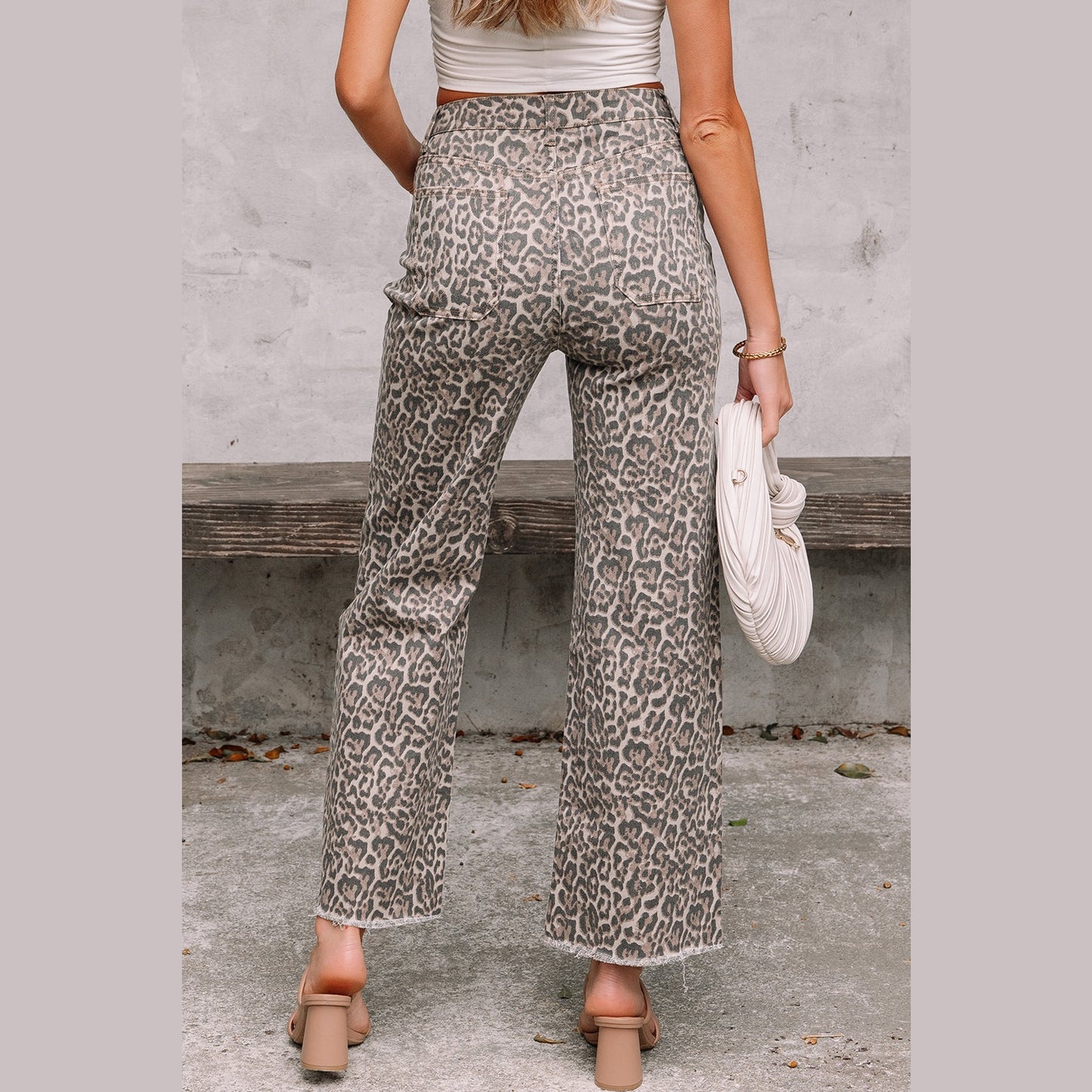 RTS Brown Leopard Frayed Edge Wide Leg High Waist Jeans