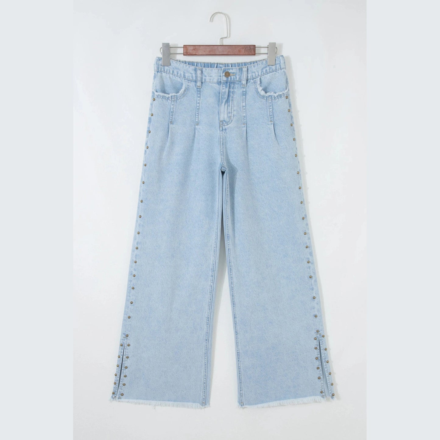 RTS Studded Side Slit Leg Frayed Pocketed Wide Leg Jeans