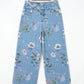 RTS Sky Blue Retro Floral Print Frayed Hem Shift Jeans