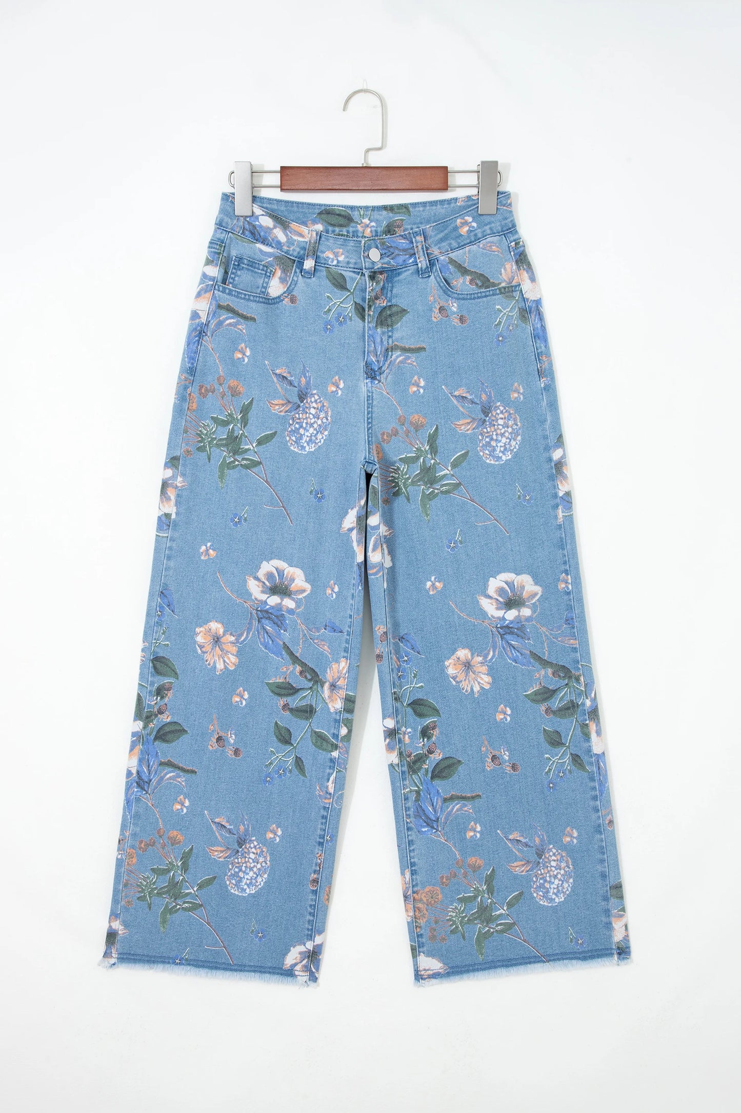 RTS Sky Blue Retro Floral Print Frayed Hem Shift Jeans
