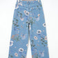 RTS Sky Blue Retro Floral Print Frayed Hem Shift Jeans