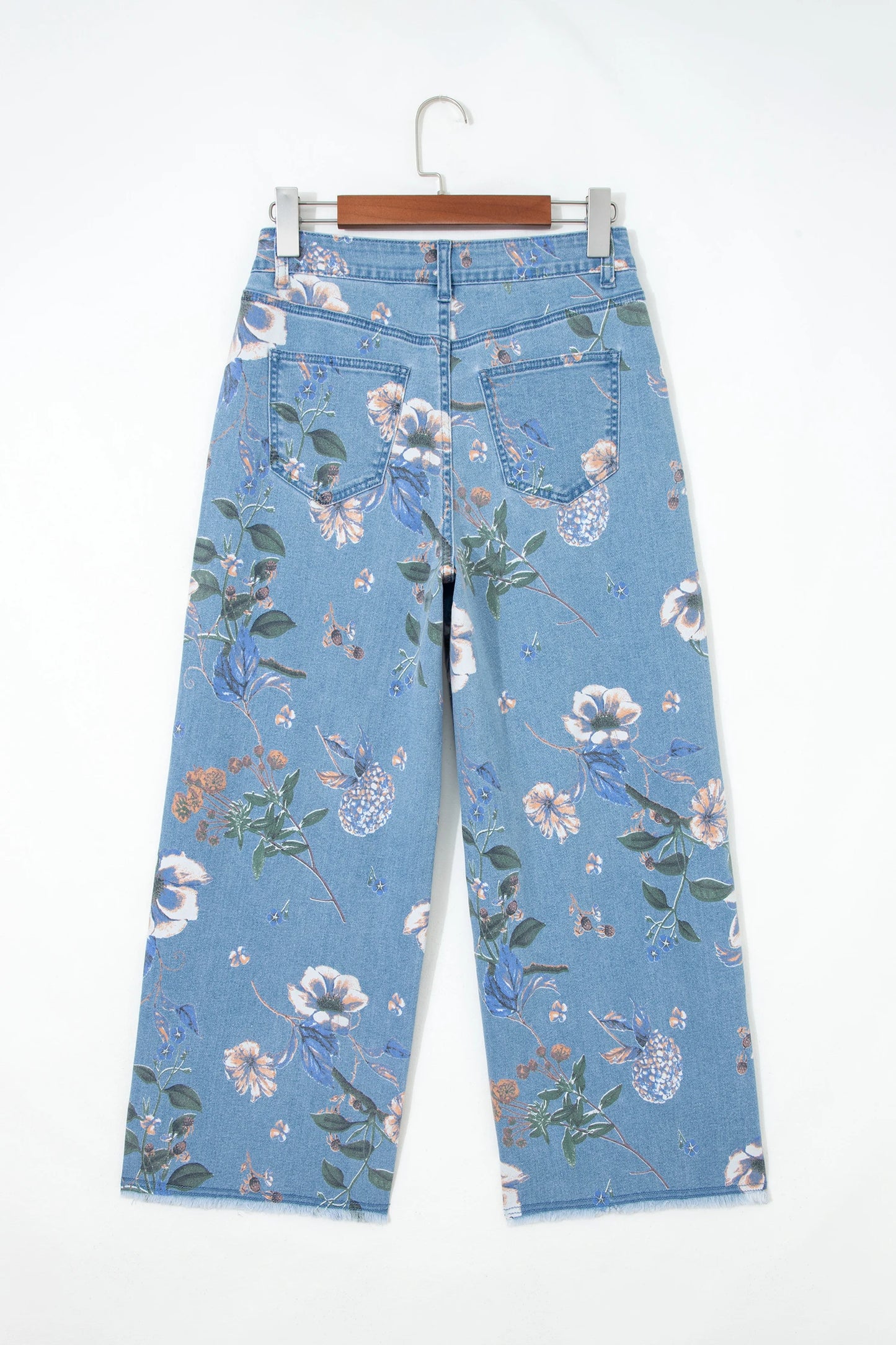 RTS Sky Blue Retro Floral Print Frayed Hem Shift Jeans
