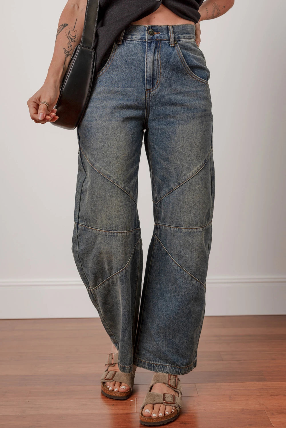 RTS Exposed Stitching Loose Straight High Waist Barrel Jeans