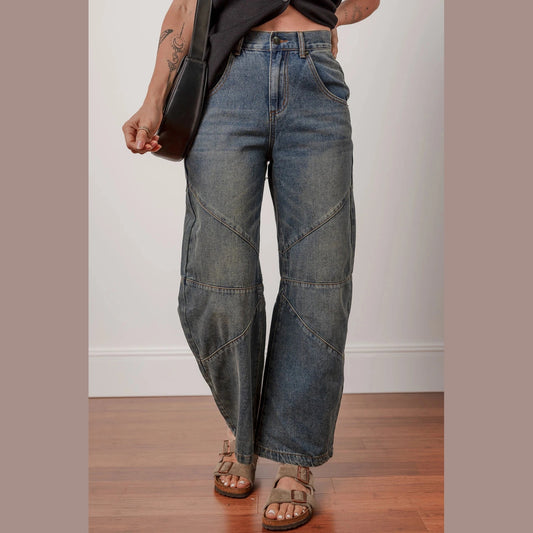 RTS Exposed Stitching Loose Straight High Waist Barrel Jeans