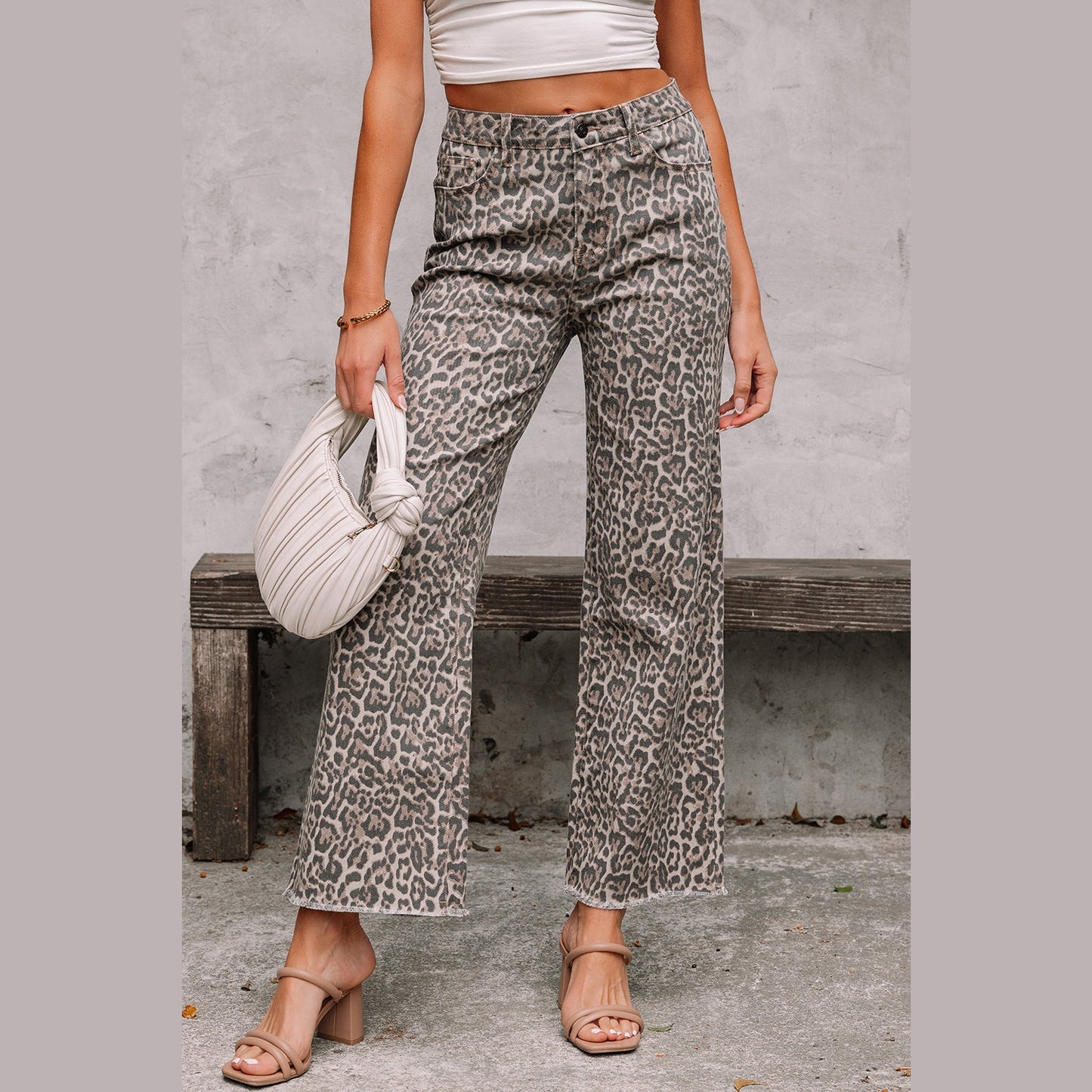 RTS Brown Leopard Frayed Edge Wide Leg High Waist Jeans