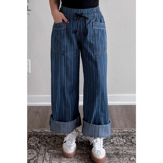 RTS Blue Stripe Contrasted Drawstring Pocketed Loose Jeans