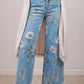 RTS Sky Blue Retro Floral Print Frayed Hem Shift Jeans