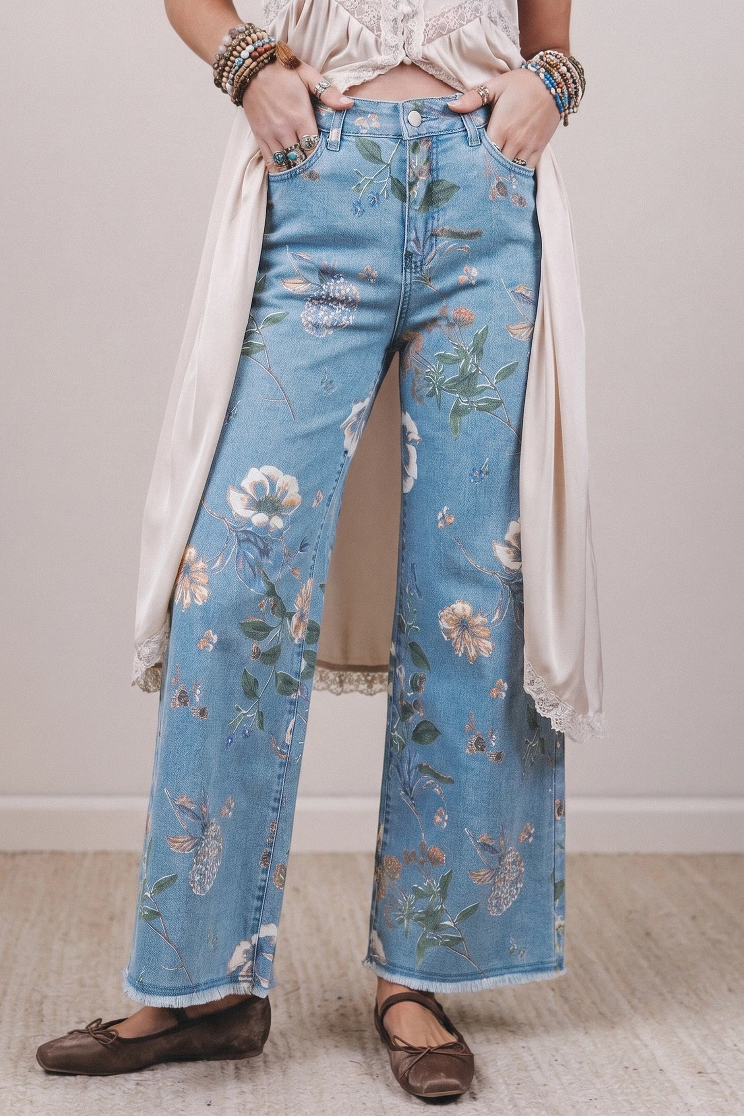 RTS Sky Blue Retro Floral Print Frayed Hem Shift Jeans