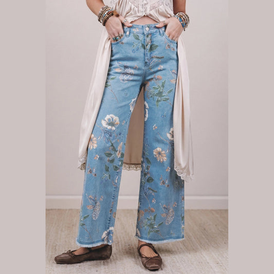 RTS Sky Blue Retro Floral Print Frayed Hem Shift Jeans