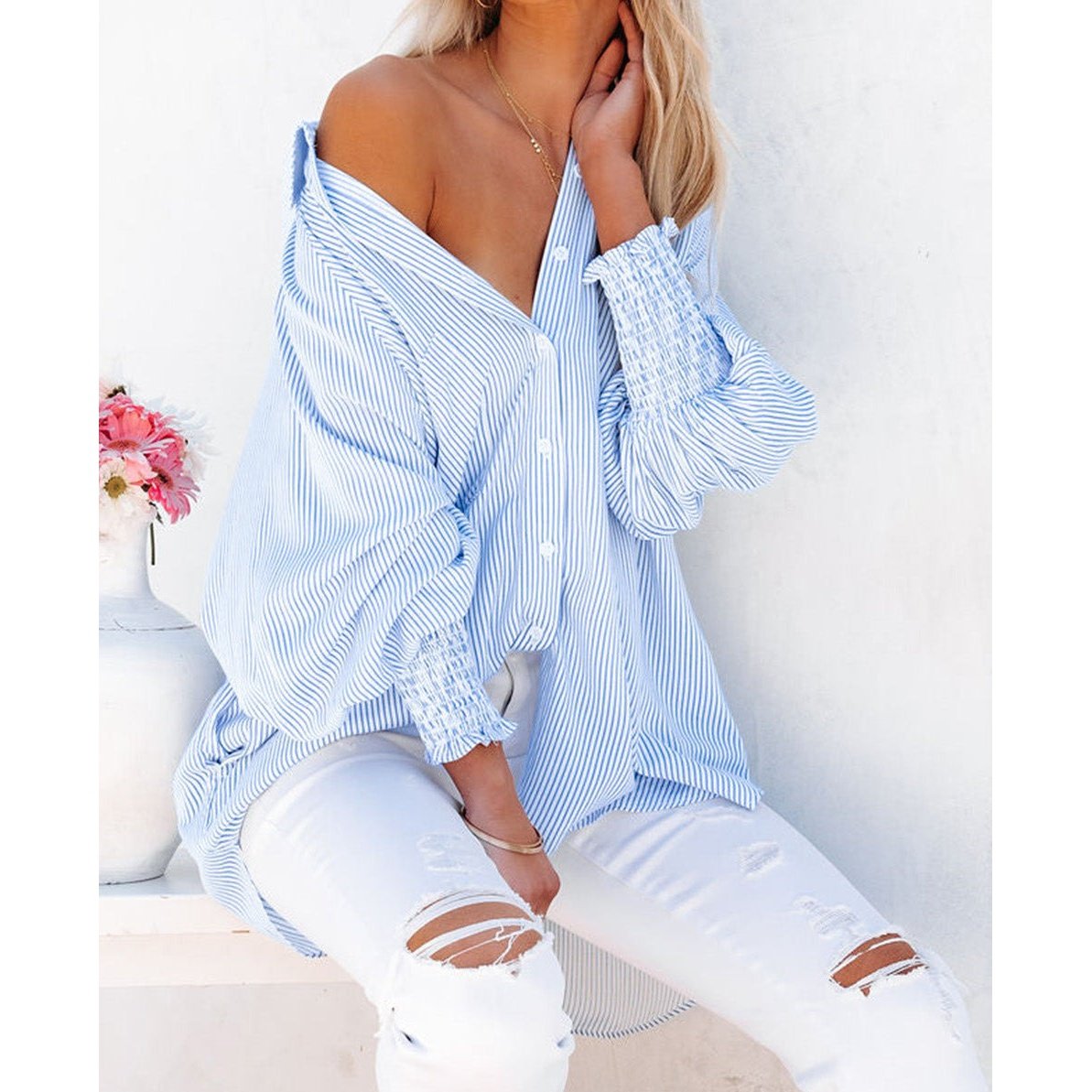 Jedda Blue Smocked Cuffed Striped Boyfriend Shirt with Pocket