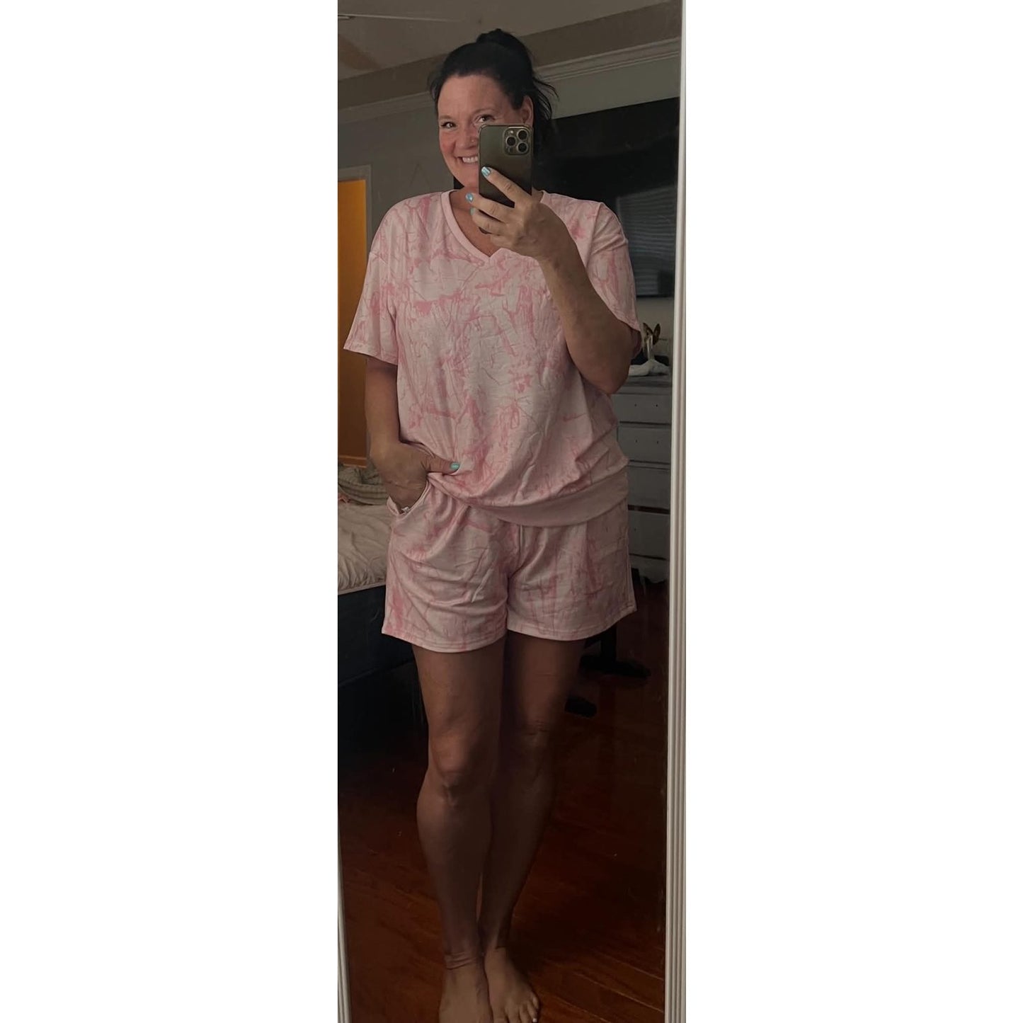 SALE!!!  Jemma Pink Abstract Print V Neck Loose Tee Drawstring Shorts 2pcs Outfit