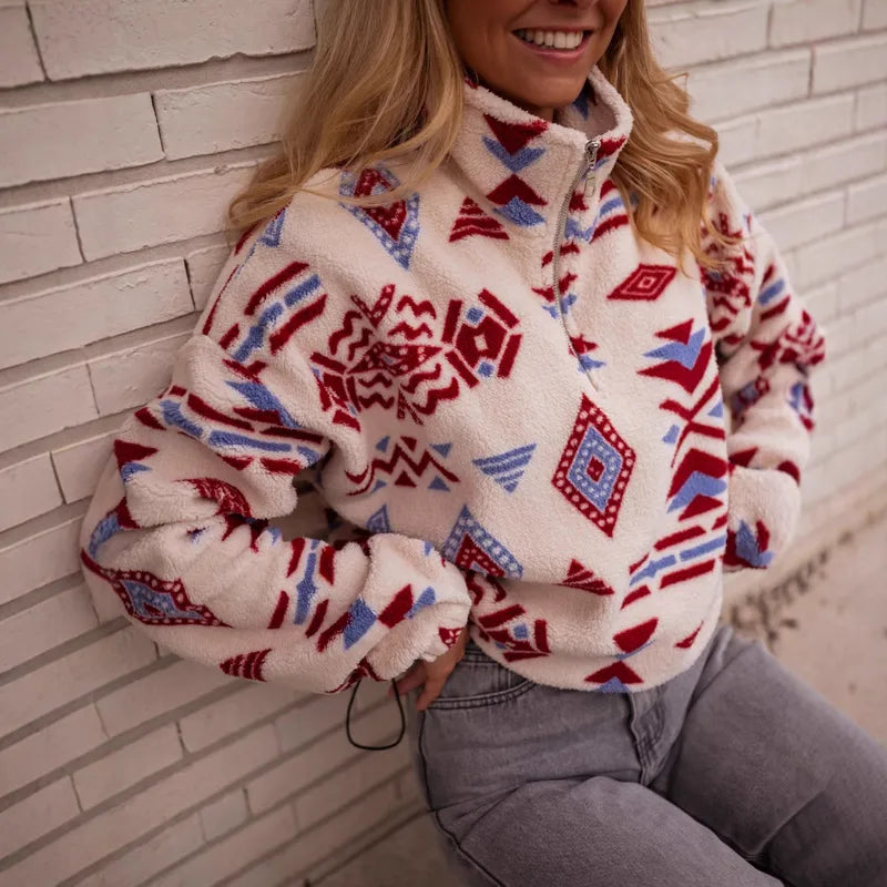 Jen Geometric Print Long Sleeve Fleece Sweatshirt