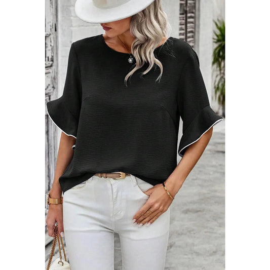 Jenelle Round Neck Ruffled Short Sleeved Shirt