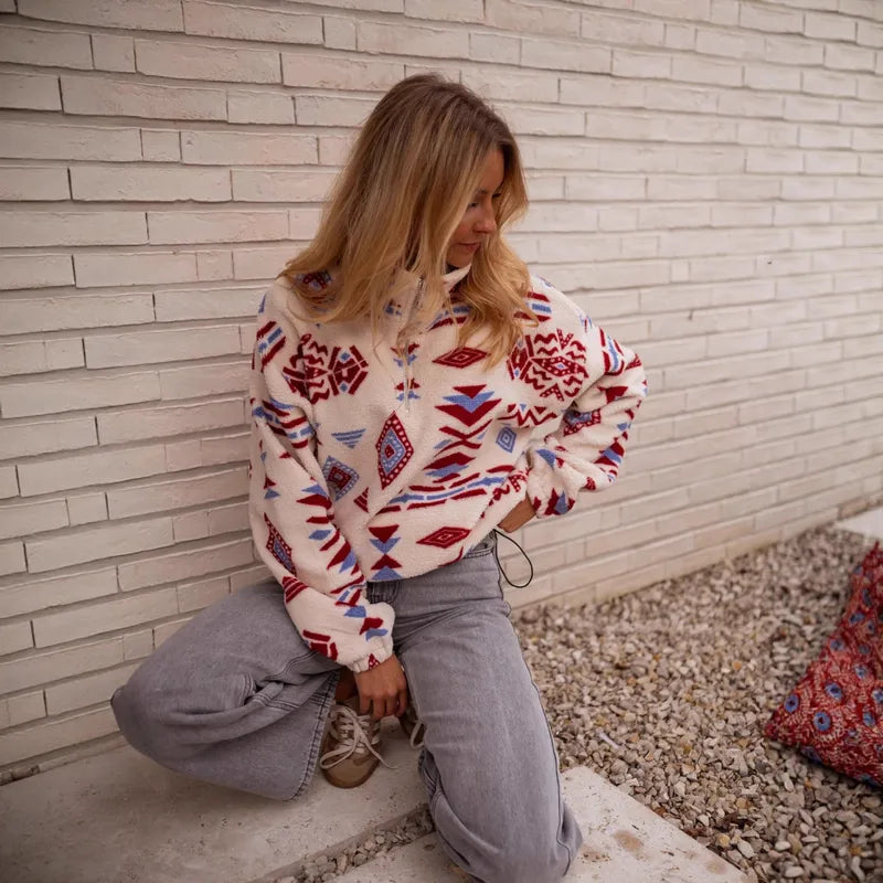 Jen Geometric Print Long Sleeve Fleece Sweatshirt