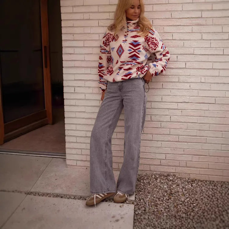 Jen Geometric Print Long Sleeve Fleece Sweatshirt