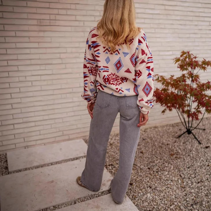 Jen Geometric Print Long Sleeve Fleece Sweatshirt