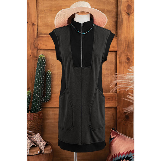 Jenica Black Quarter Zip Pocketed Cap Sleeve Sweatshirt Dress