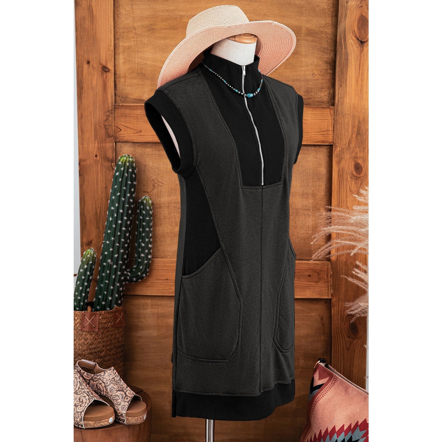 Jenica Black Quarter Zip Pocketed Cap Sleeve Sweatshirt Dress