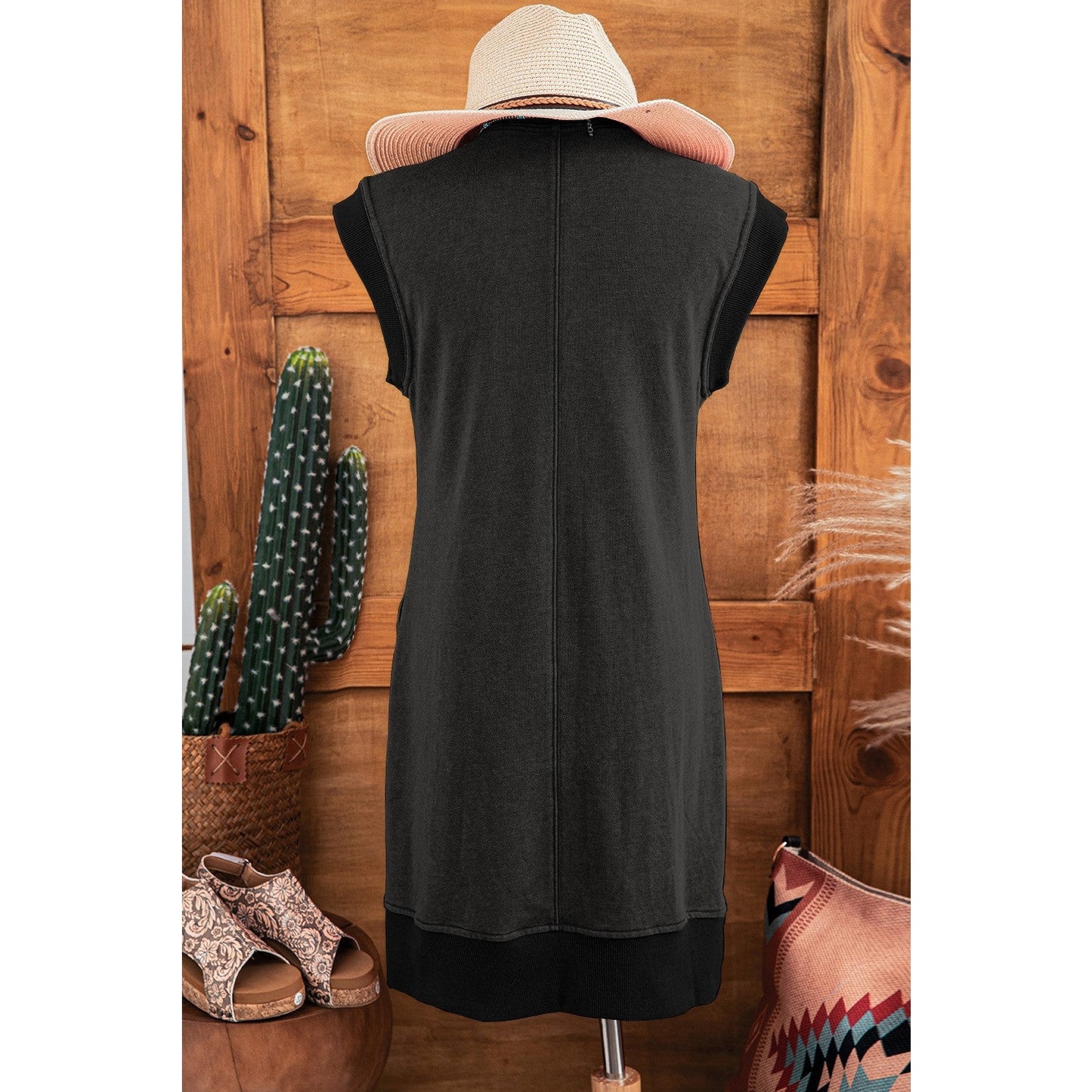 Jenica Black Quarter Zip Pocketed Cap Sleeve Sweatshirt Dress