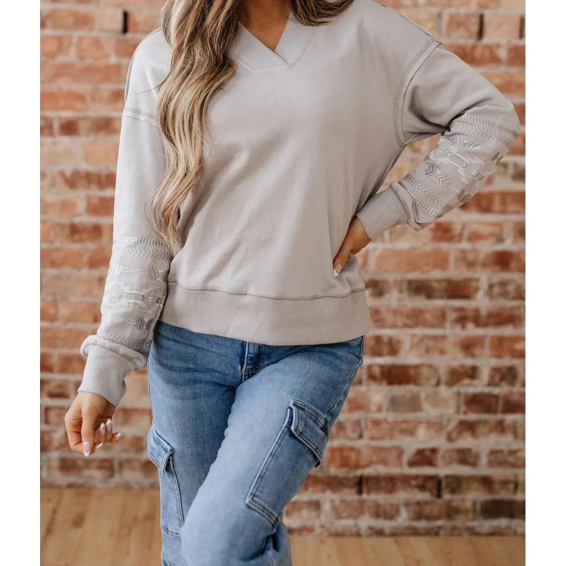 SALE!!! Jerika Aztec Embroidered Western V Neck Sweatshirt
