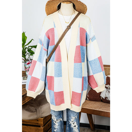 Jerrica Light Blue Checkered Drop Shoulder Exposed Seam Open Front Cardigan