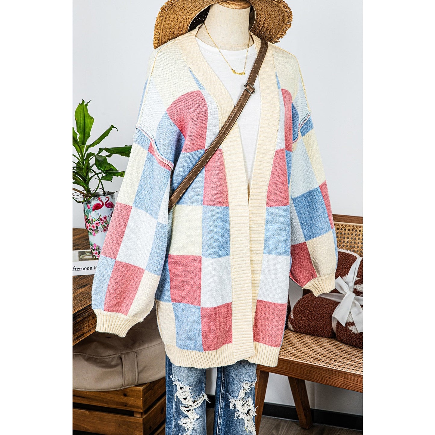 Jerrica Light Blue Checkered Drop Shoulder Exposed Seam Open Front Cardigan