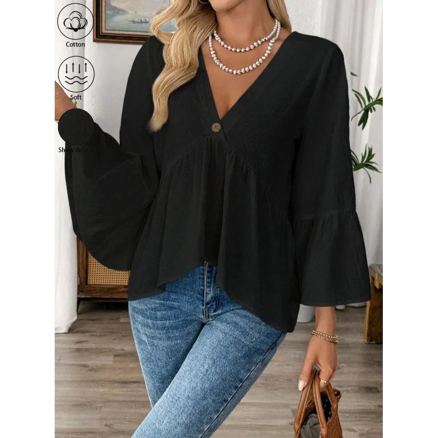 Jerrica Black Flare Sleeve Button Up Blouse