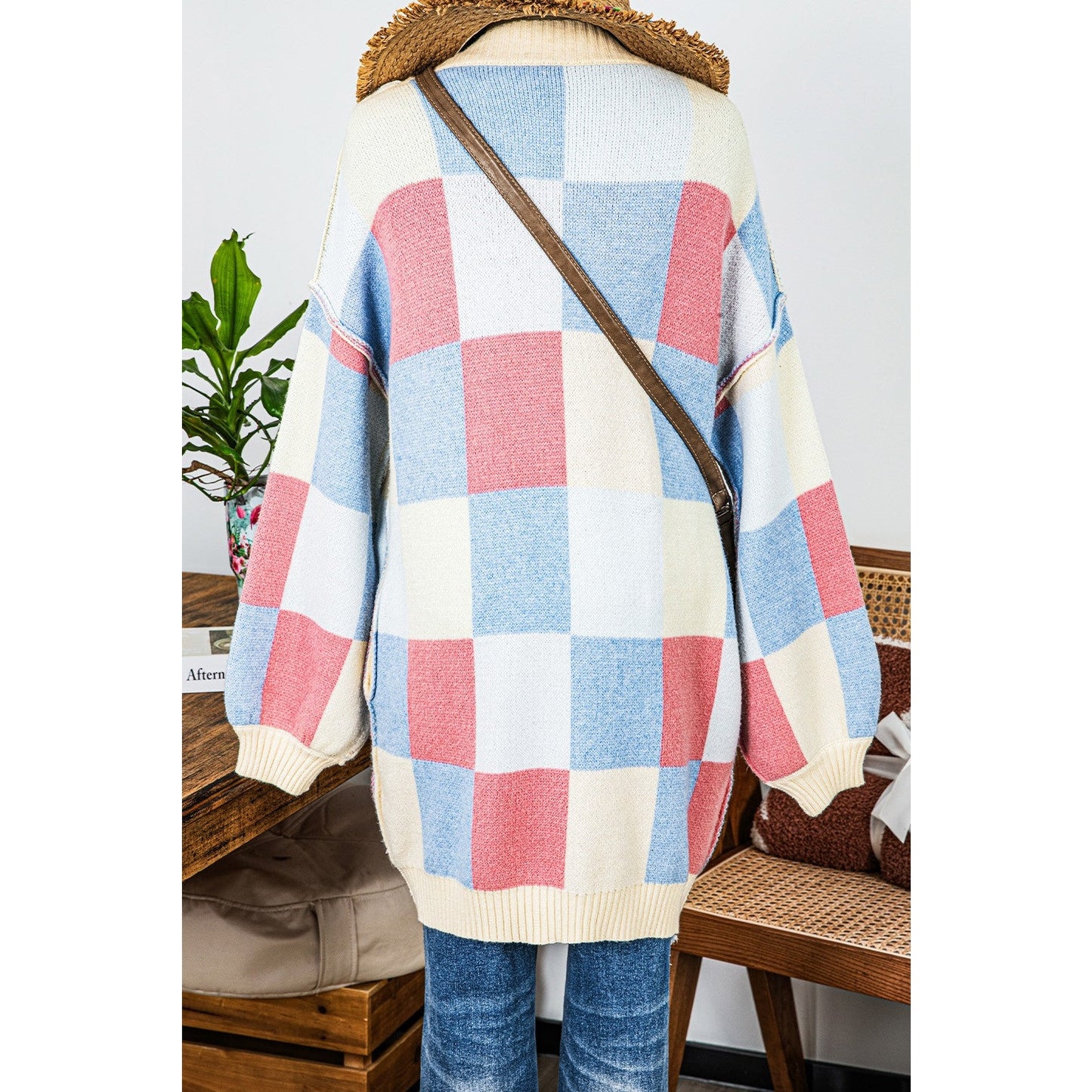 Jerrica Light Blue Checkered Drop Shoulder Exposed Seam Open Front Cardigan