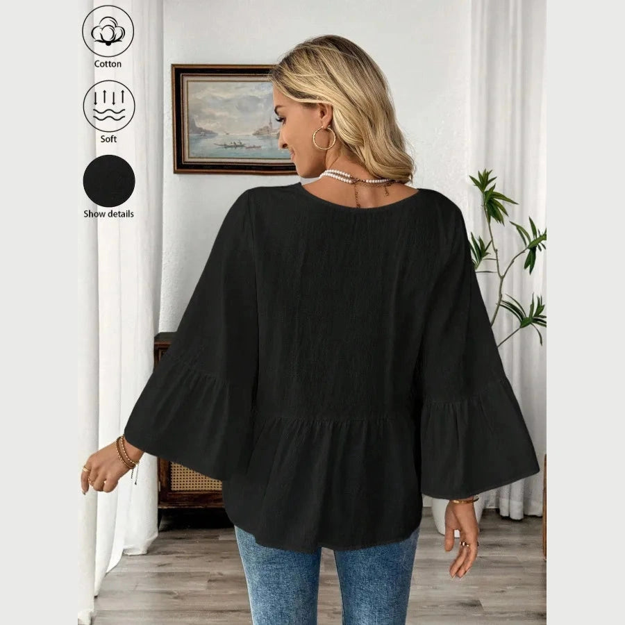 Jerrica Black Flare Sleeve Button Up Blouse