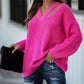Jerusha Hot Pink V Neck Hollow Out Long Sleeve Sweater