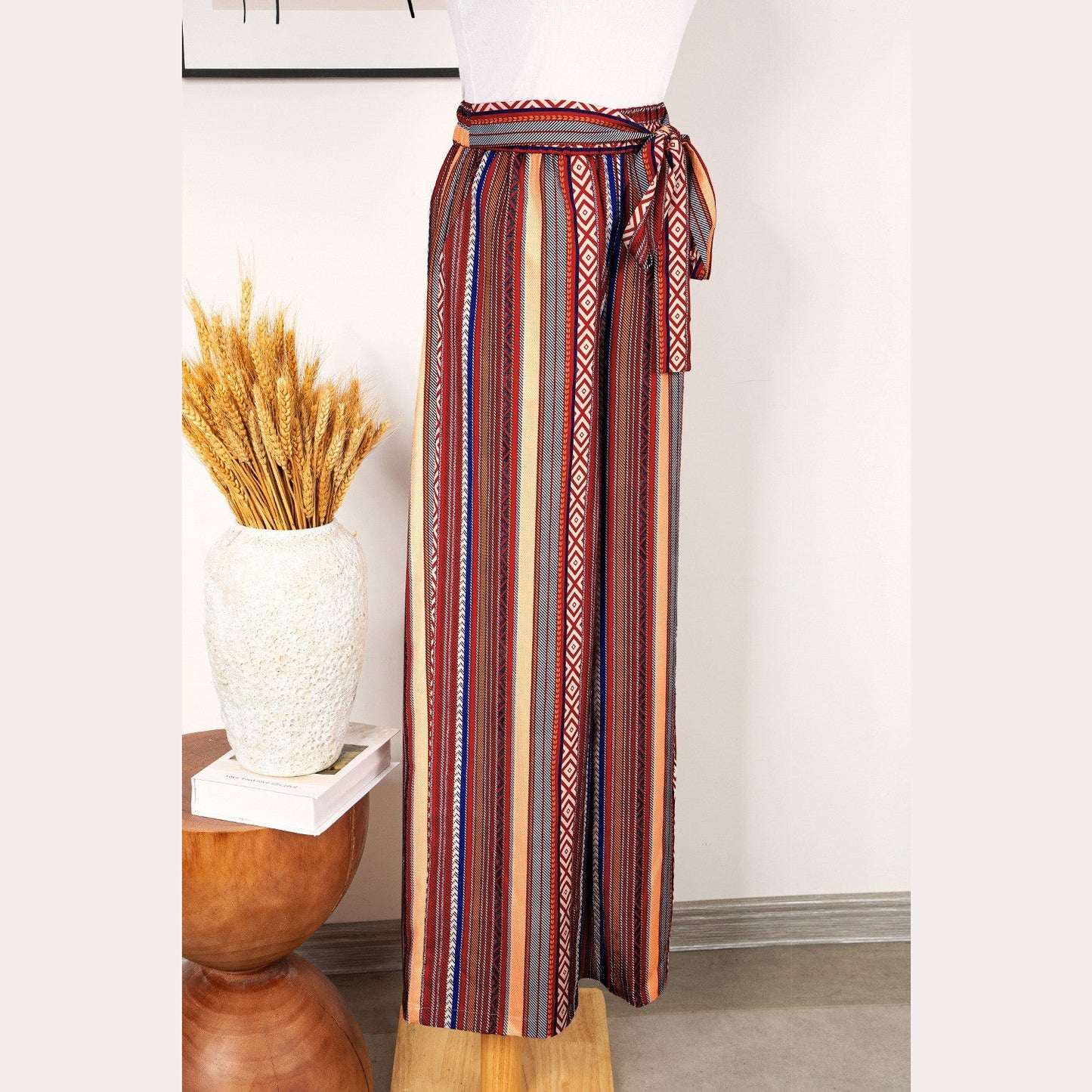 Jessalyn Red Boho Ethnic Striped Print Tie Waist Wide Leg Pants