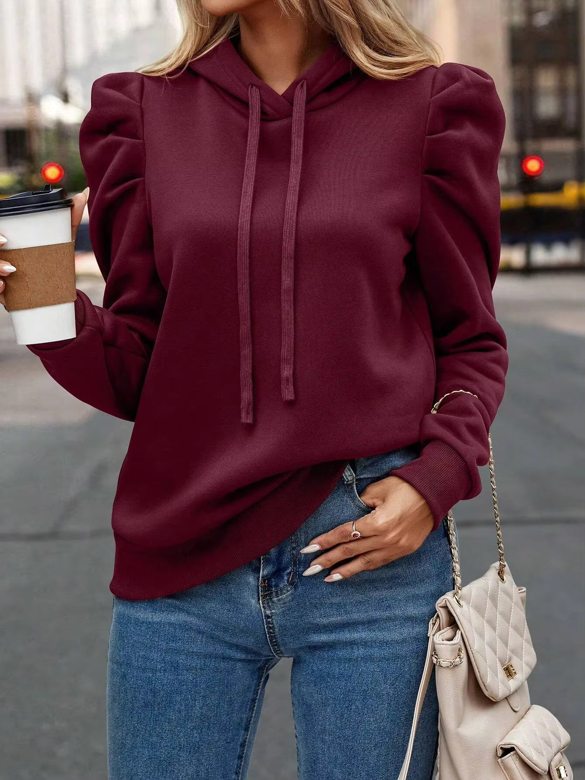 Jessamine Wine Puff‑Shoulder Drawstring Hoodie