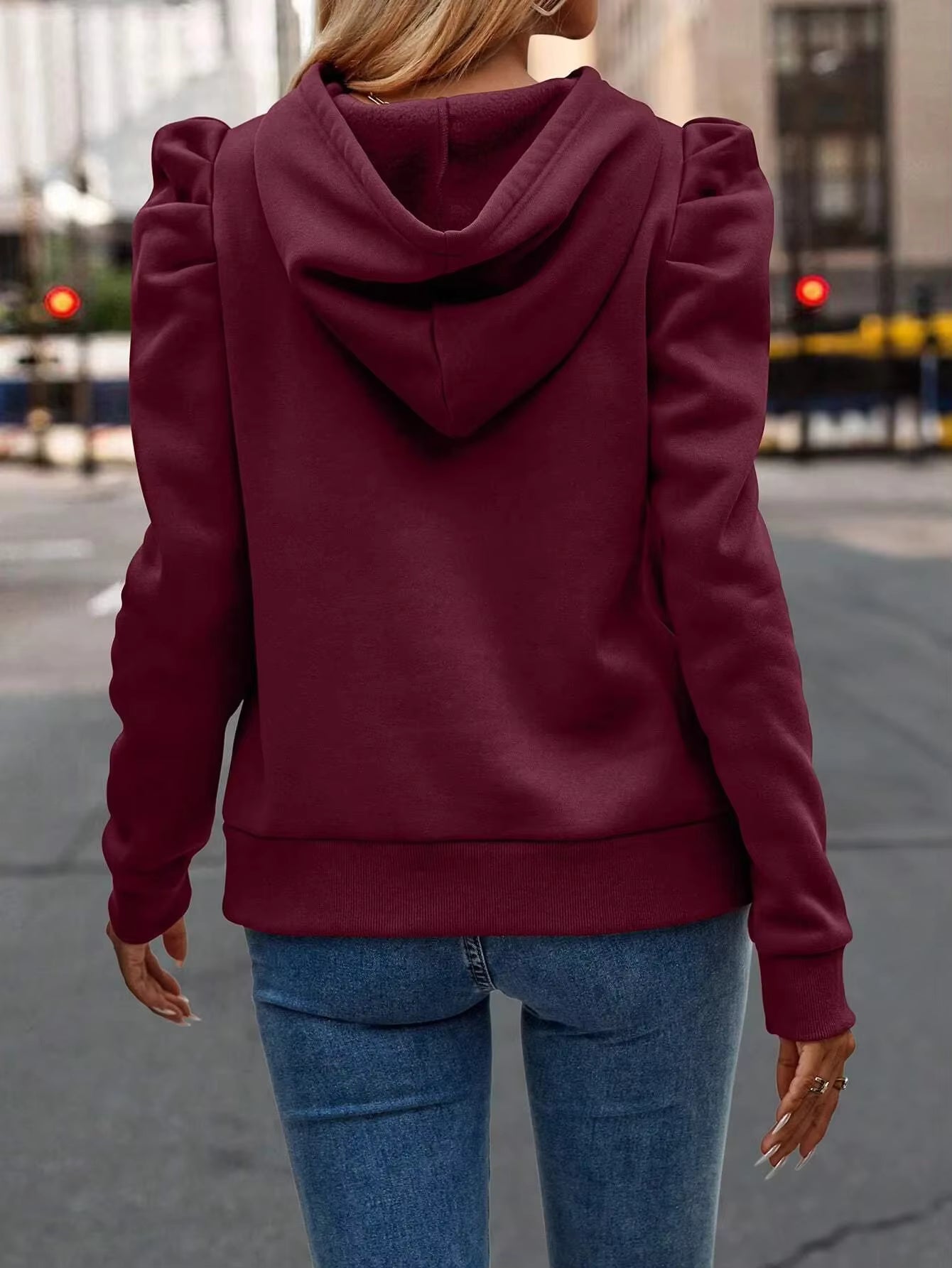 Jessamine Wine Puff‑Shoulder Drawstring Hoodie