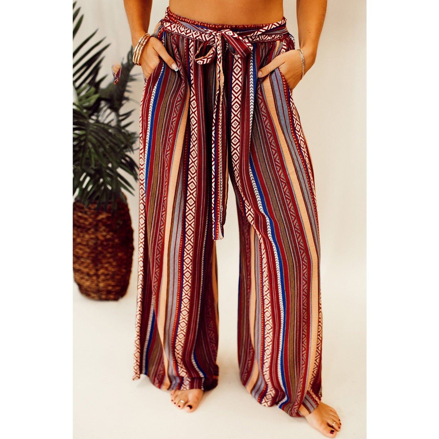 Jessalyn Red Boho Ethnic Striped Print Tie Waist Wide Leg Pants