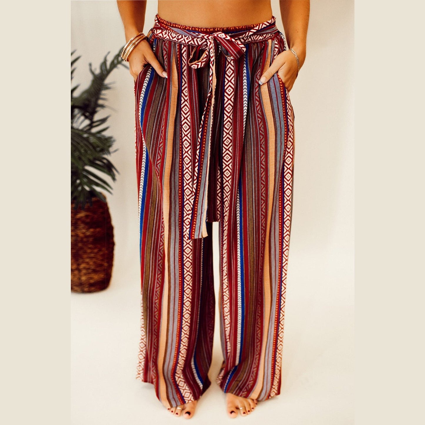 Jessalyn Red Boho Ethnic Striped Print Tie Waist Wide Leg Pants