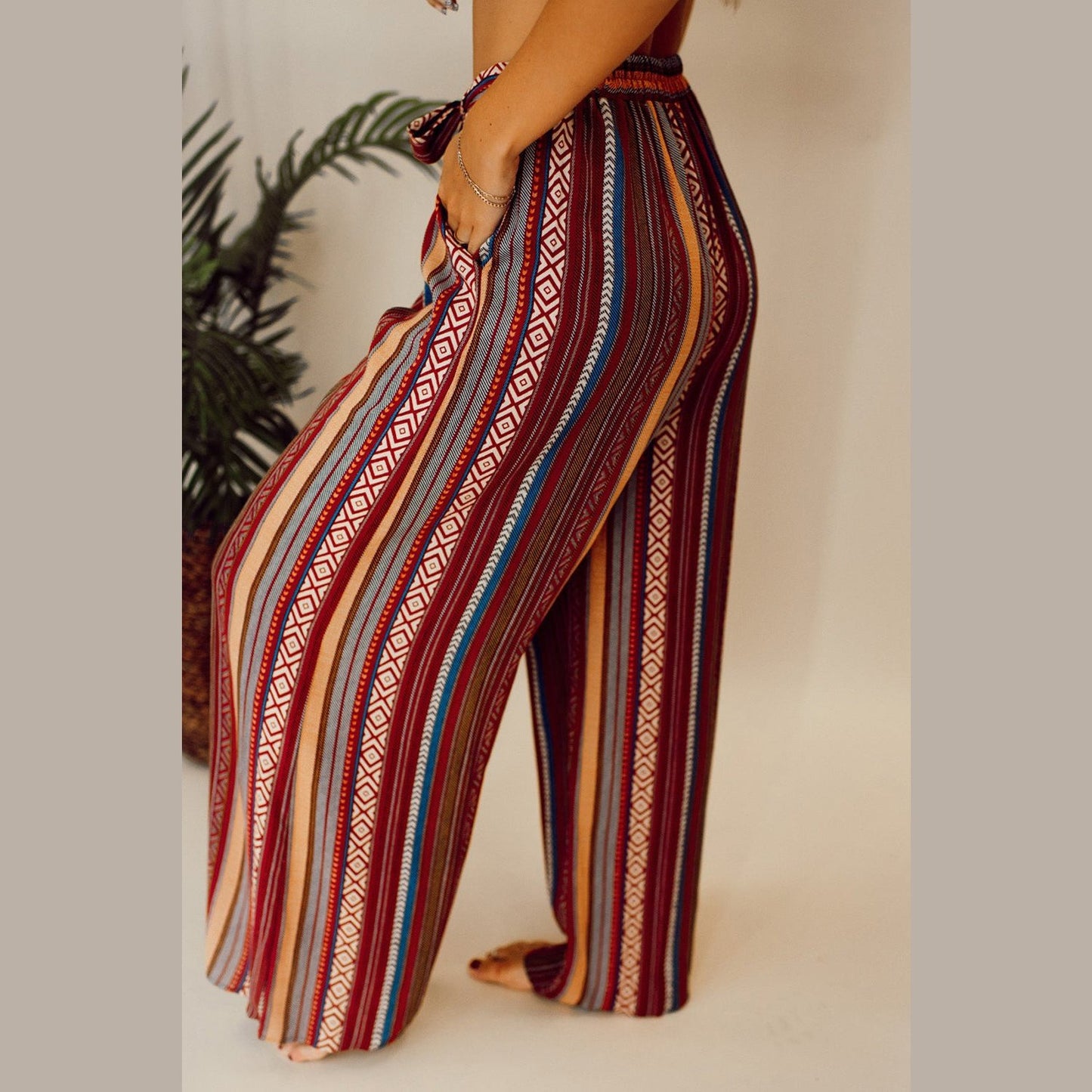 Jessalyn Red Boho Ethnic Striped Print Tie Waist Wide Leg Pants