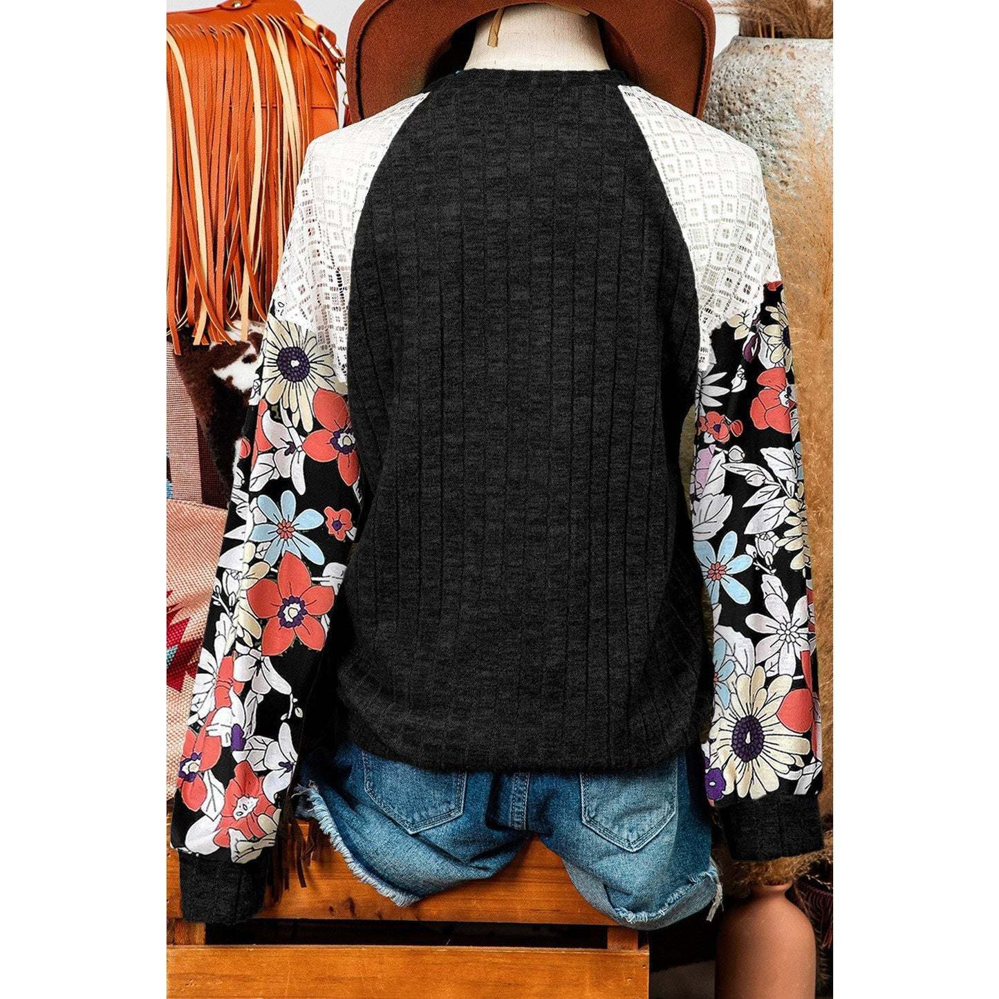 Jessenia Black Floral Patchwork Long Sleeve Ribbed Blouse