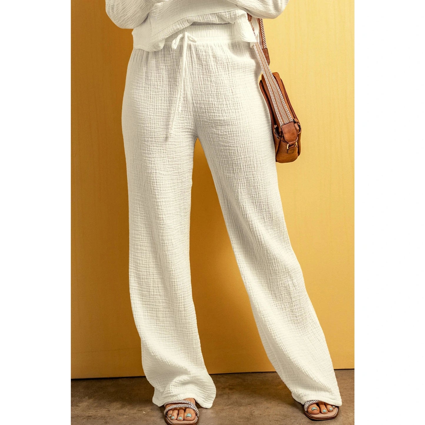 Jesso White Textured Loose Fit Drawstring High Waist Pants