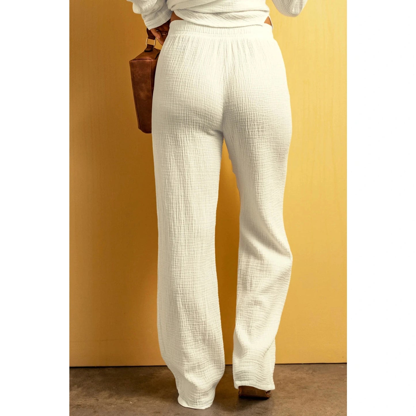 Jesso White Textured Loose Fit Drawstring High Waist Pants