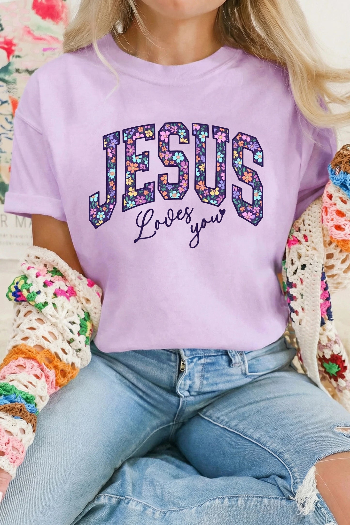 Jesus Loves You Orchid Petal Floral Letter Graphic Round Neck T Shirt