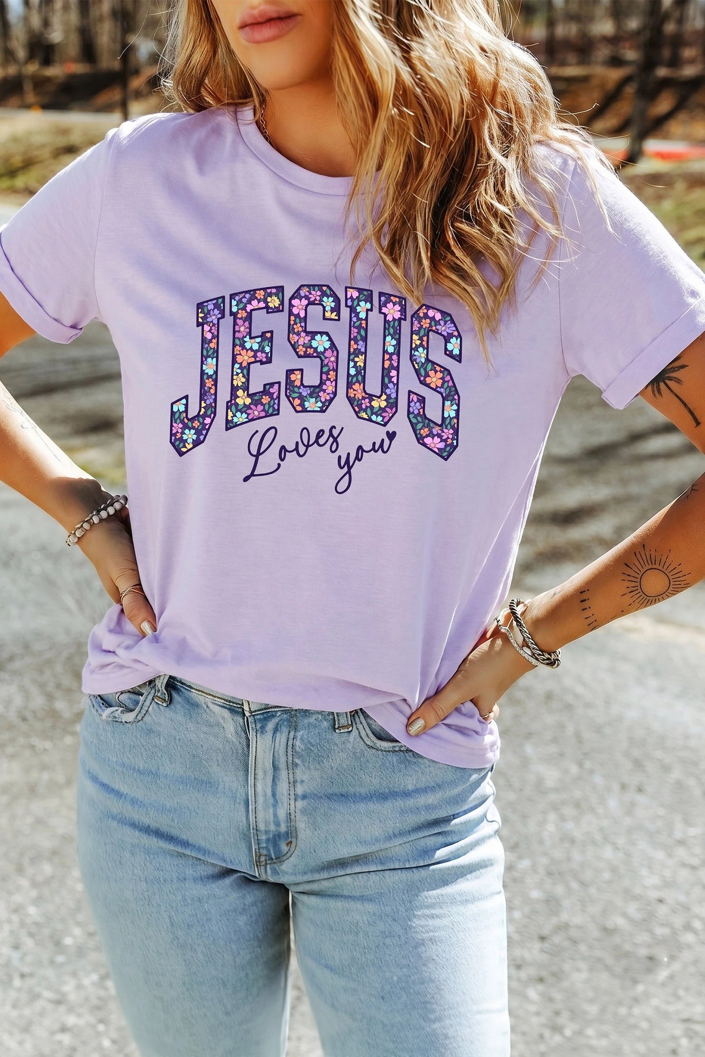 Jesus Loves You Orchid Petal Floral Letter Graphic Round Neck T Shirt