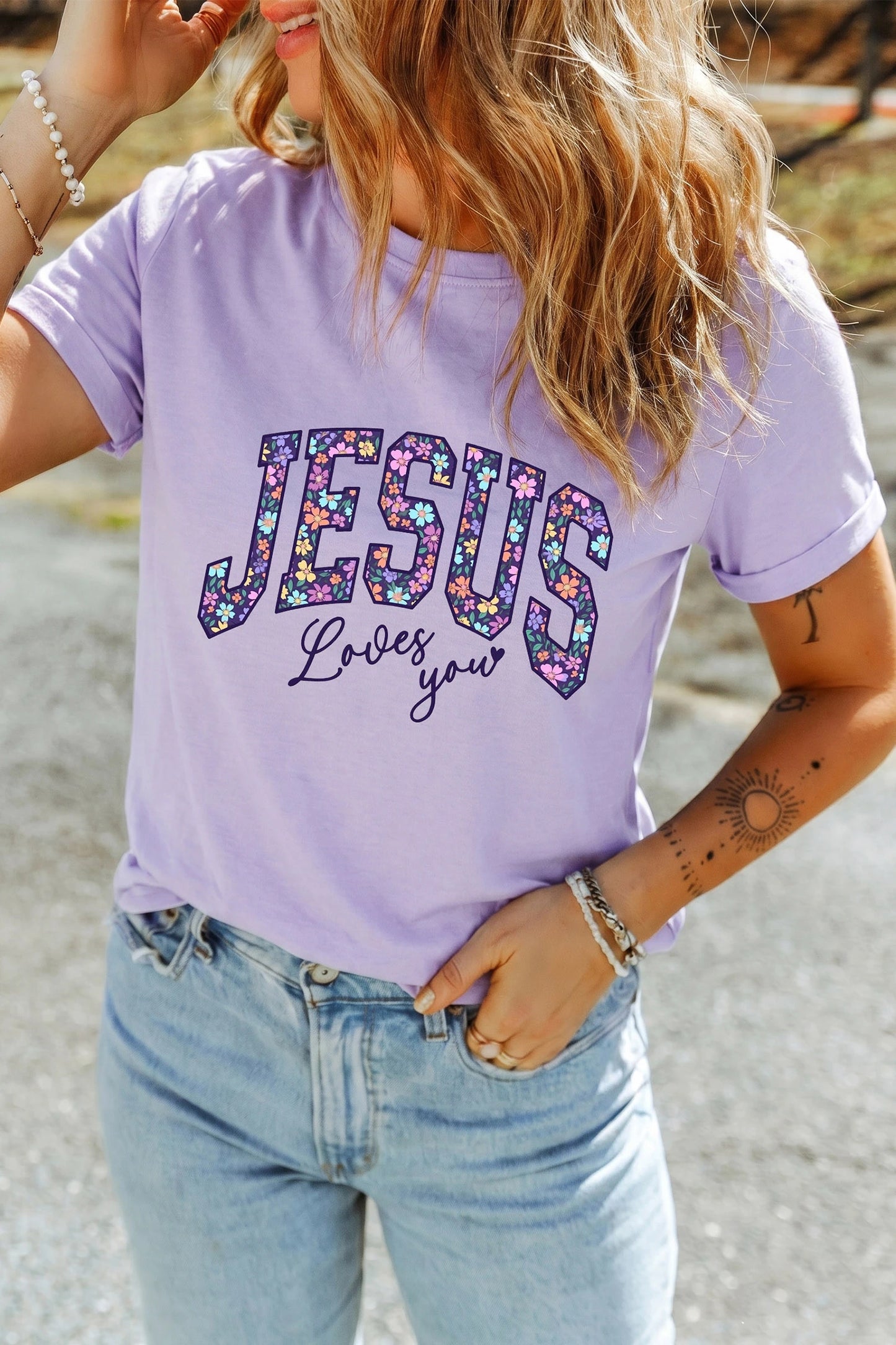 Jesus Loves You Orchid Petal Floral Letter Graphic Round Neck T Shirt