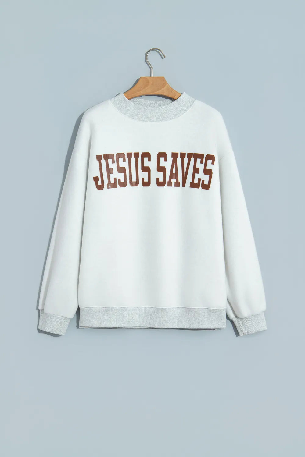 Light Grey Reversible Jesus Saves Print Mock Neck Pullover Sweatshirt