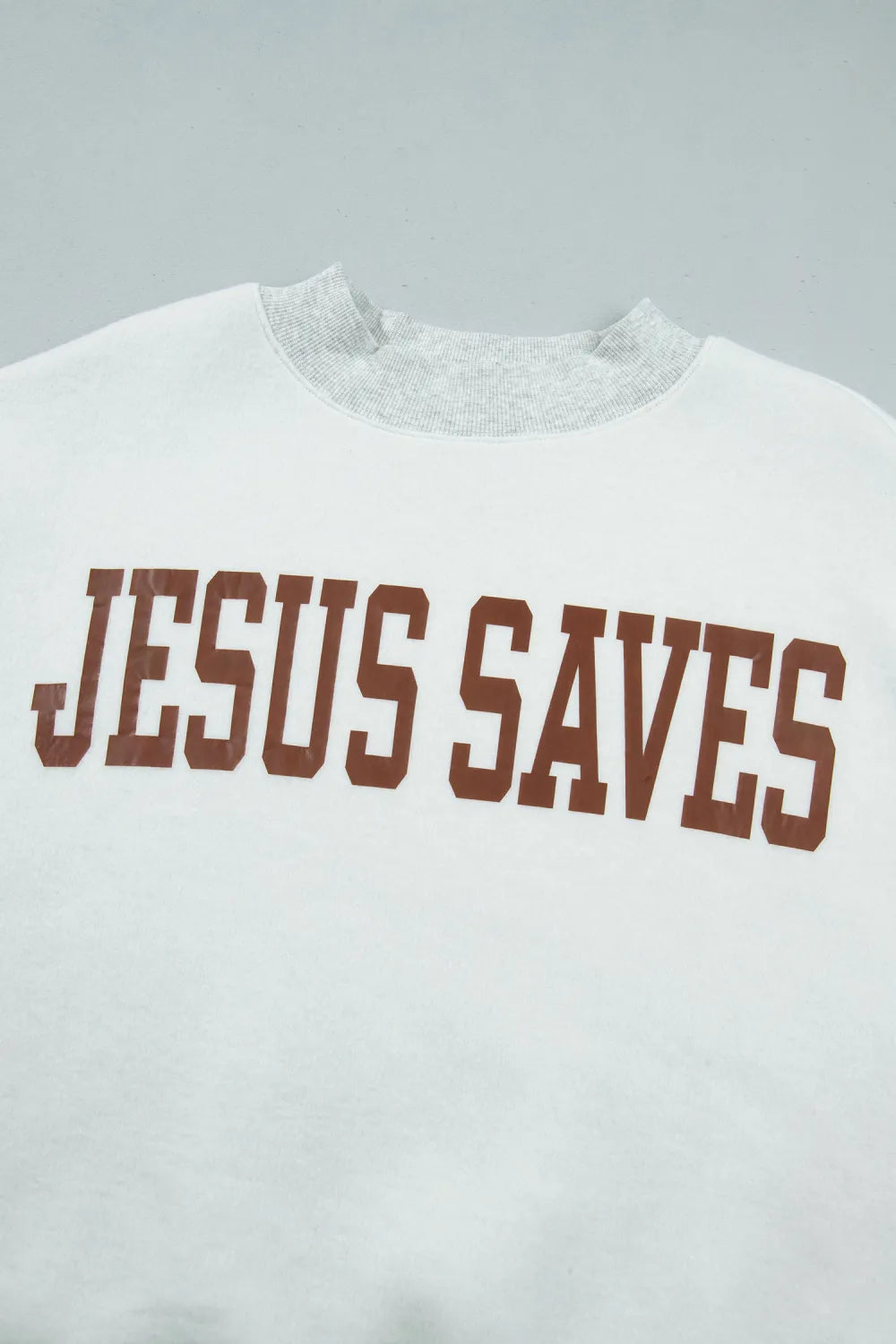 Light Grey Reversible Jesus Saves Print Mock Neck Pullover Sweatshirt