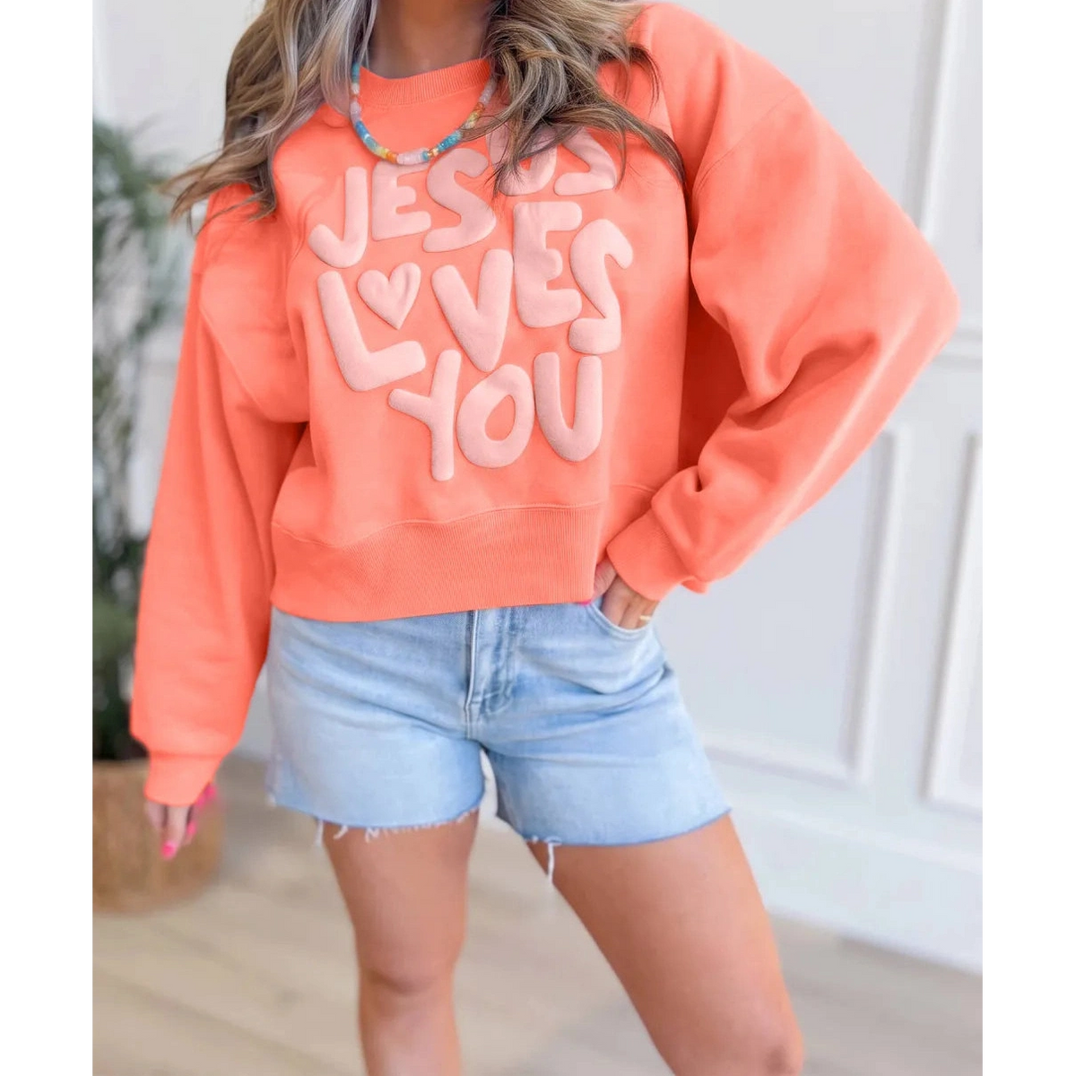 JESUS LOVES YOU Puffy Letter Graphic Sweatshirt