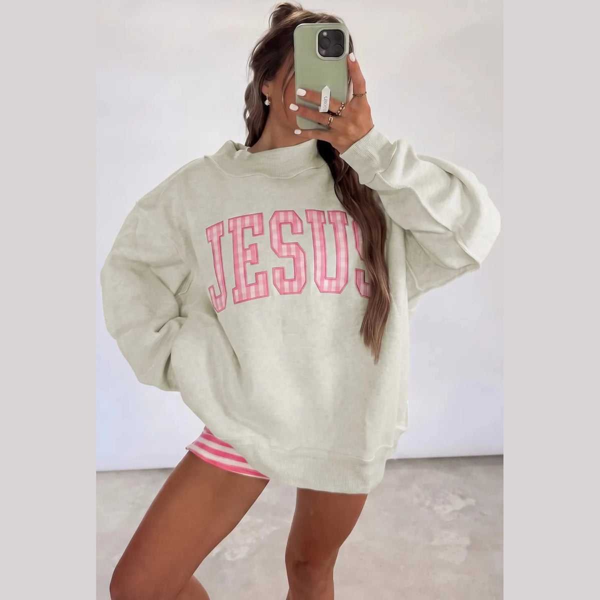 Jesus High Neck Polka Dot Slogan Printed Baggy Sweatshirt