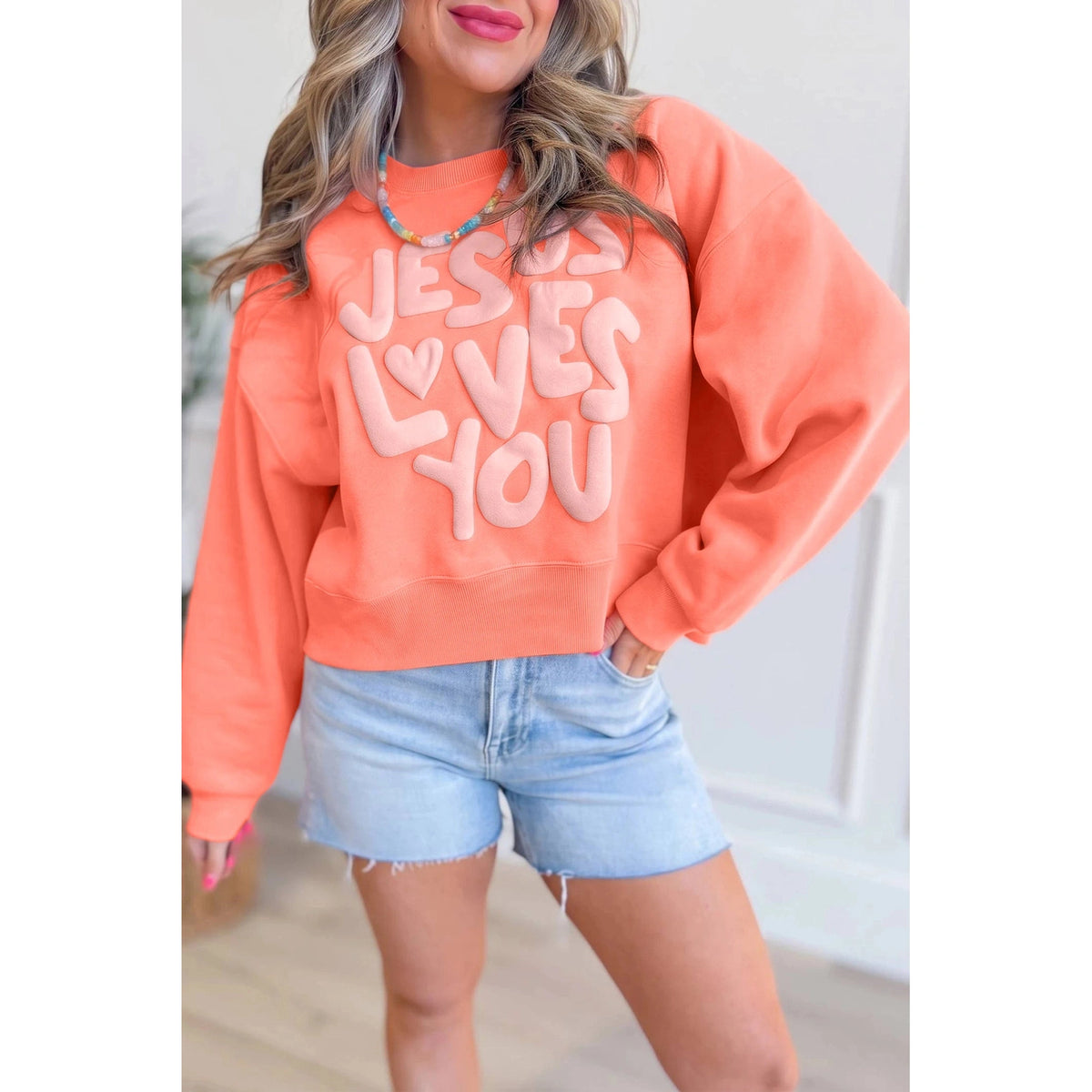RTS Grapefruit Orange JESUS LOVES YOU Puffy Letter Graphic Sweatshirt