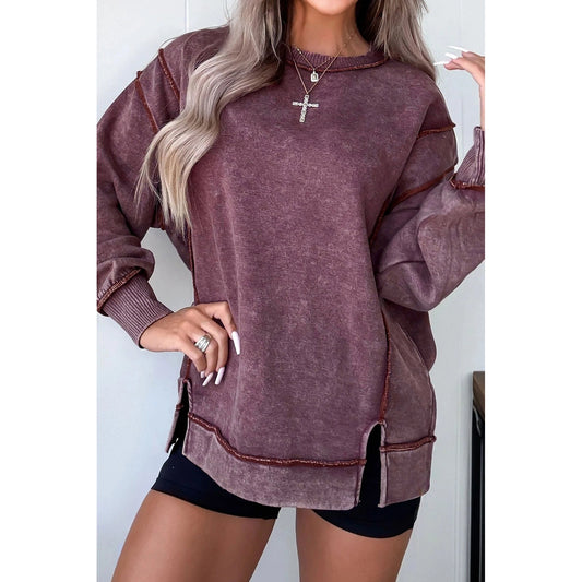 Jettie Red Mineral Wash Exposed Seam Side Slit Sweatshirt