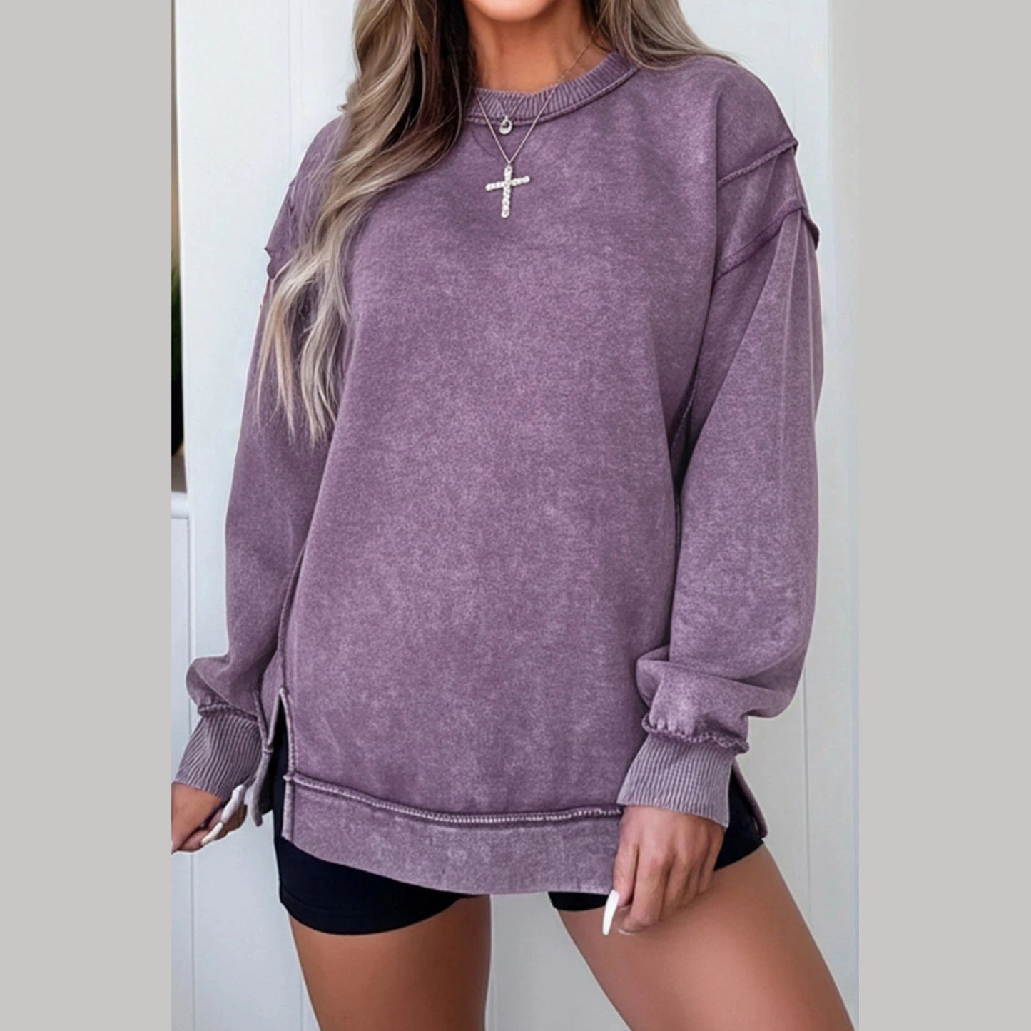 Jettie Purple Mineral Wash Exposed Seam Side Slit Sweatshirt