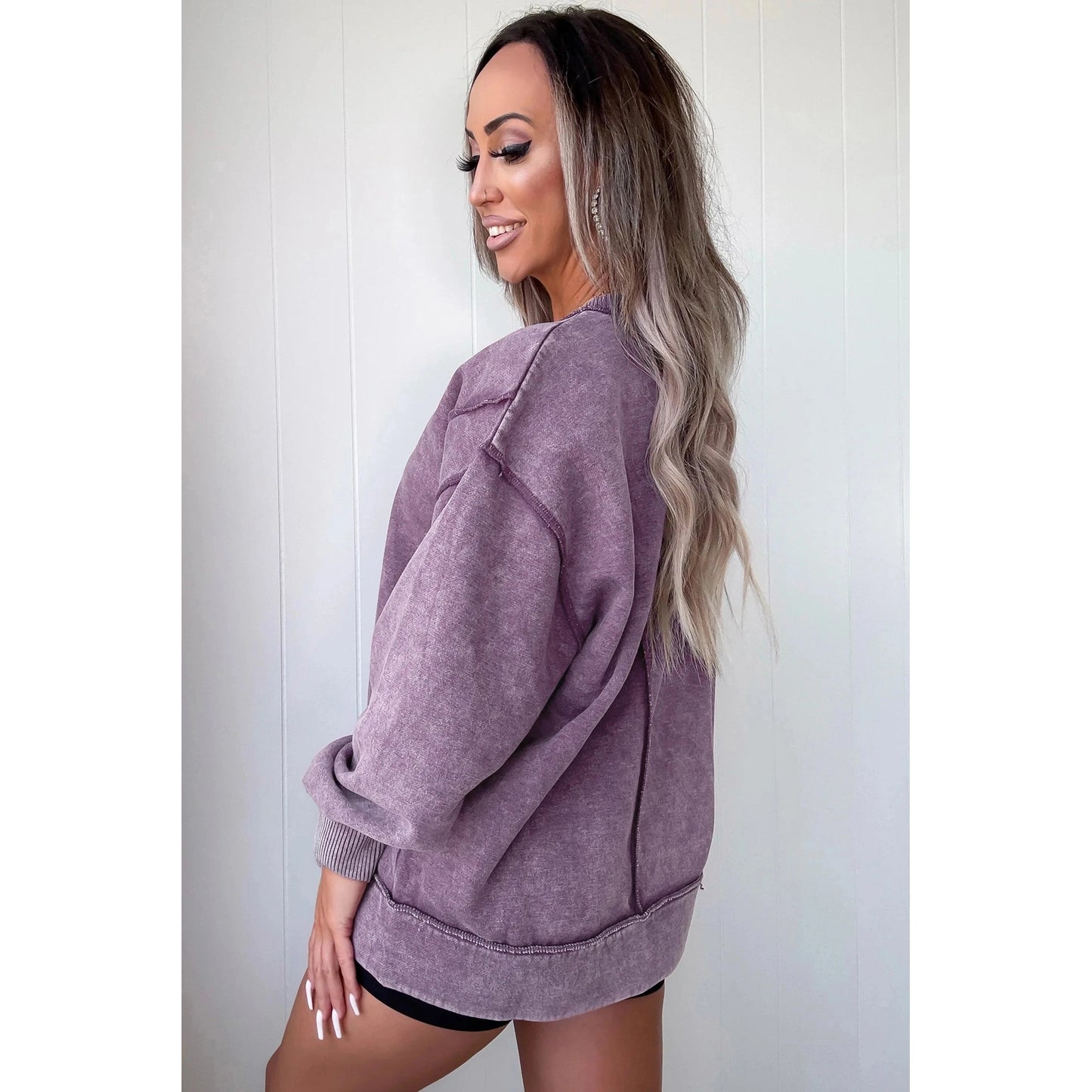 Jettie Purple Mineral Wash Exposed Seam Side Slit Sweatshirt